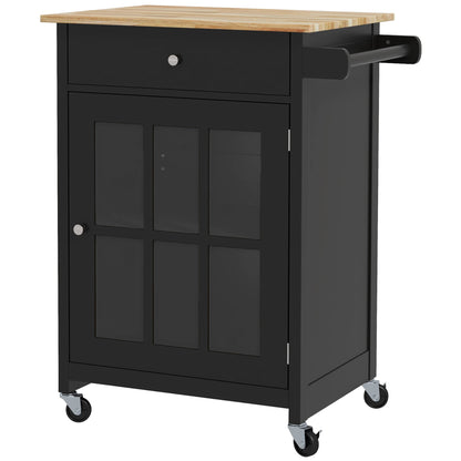 Kitchen Cart with Drawer, Adjustable Shelf, 4 Wheels, and Side Towel Holder, Kitchen Cart with Rubber Wood Top, for Living Room and Kitchen, 67x48x86.5 cm, Black and Oak