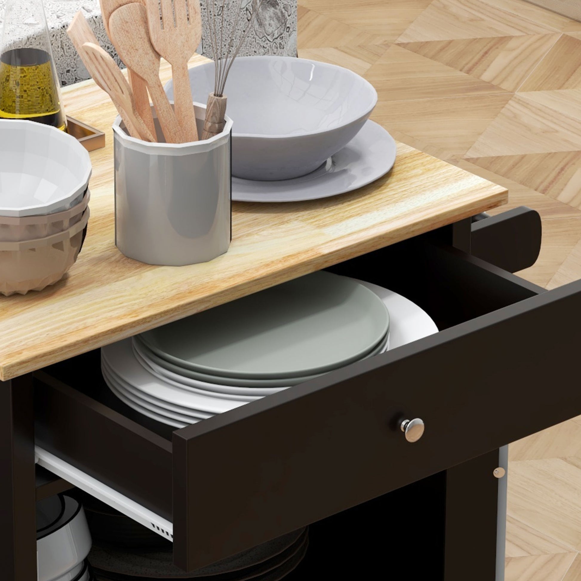 Kitchen Cart with Drawer, Adjustable Shelf, 4 Wheels, and Side Towel Holder, Kitchen Cart with Rubber Wood Top, for Living Room and Kitchen, 67x48x86.5 cm, Black and Oak