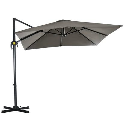 Crank Garden Umbrella 2.5x2.5 m with 360° Rotation, Cantilever Balcony Umbrella with Base, Air Vent and Adjustable Sunshade on 5 Levels, Light Grey