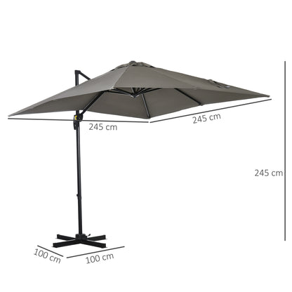 Crank Garden Umbrella 2.5x2.5 m with 360° Rotation, Cantilever Balcony Umbrella with Base, Air Vent and Adjustable Sunshade on 5 Levels, Light Grey