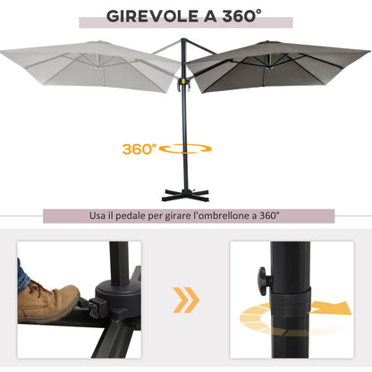 Crank Garden Umbrella 2.5x2.5 m with 360° Rotation, Cantilever Balcony Umbrella with Base, Air Vent and Adjustable Sunshade on 5 Levels, Light Grey