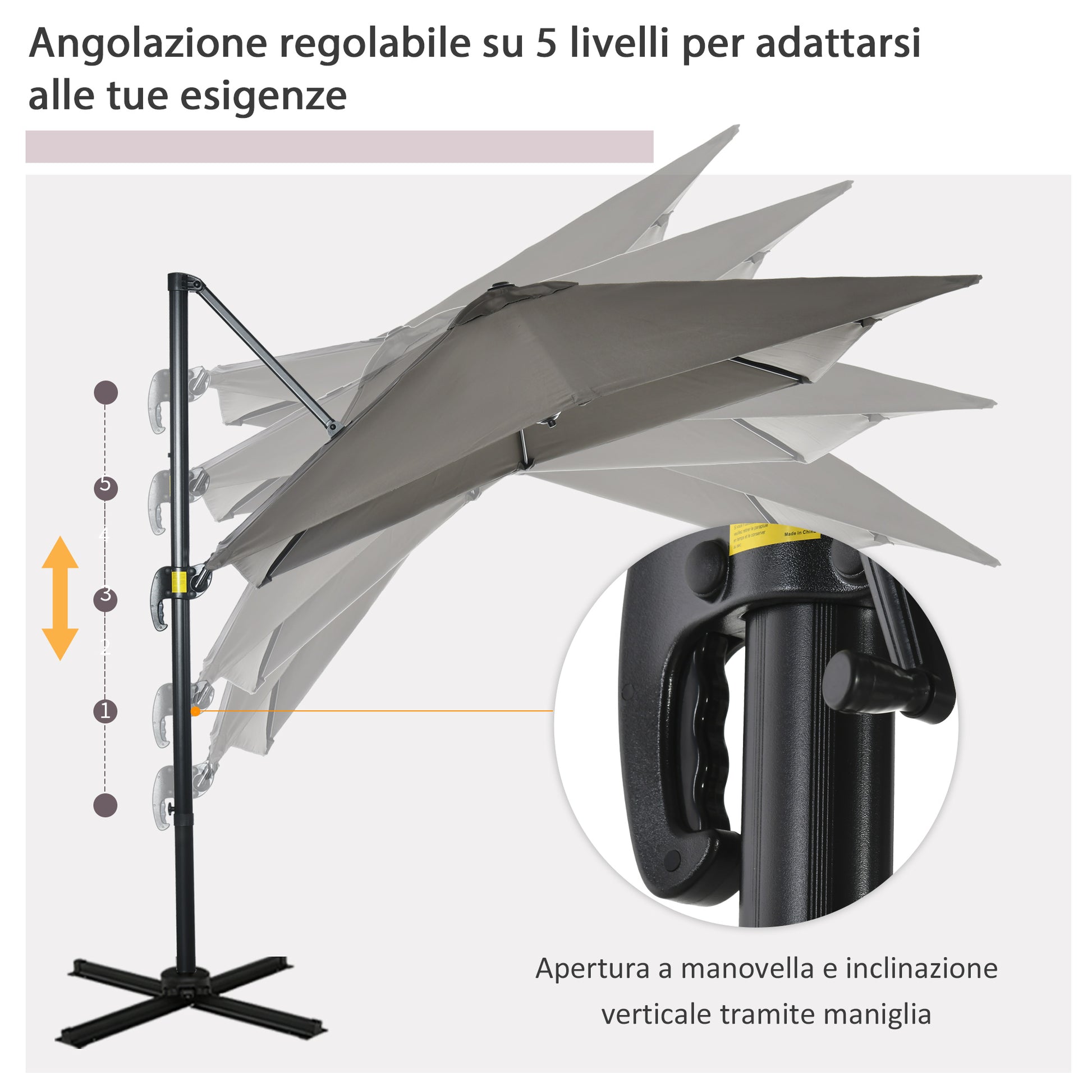 Crank Garden Umbrella 2.5x2.5 m with 360° Rotation, Cantilever Balcony Umbrella with Base, Air Vent and Adjustable Sunshade on 5 Levels, Light Grey