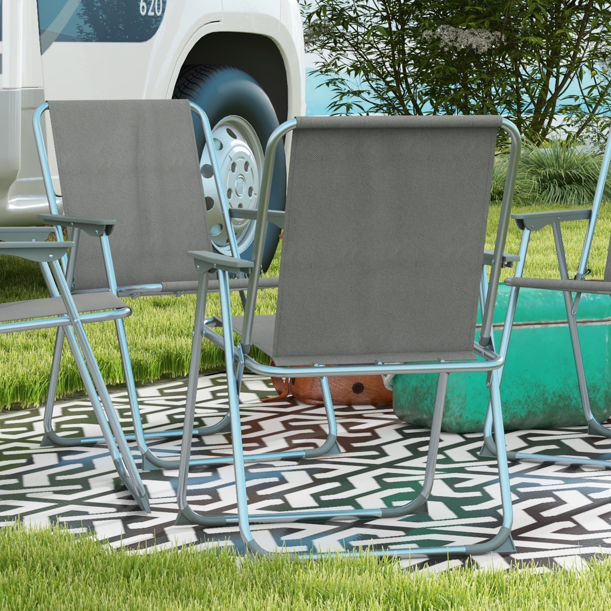 Set of 4 Garden Folding Chairs with Backrest Armrest Foldable Camping Chair 120kg Capacity for Garden Balcony Oxford Gray 53 x 54 x 76 cm