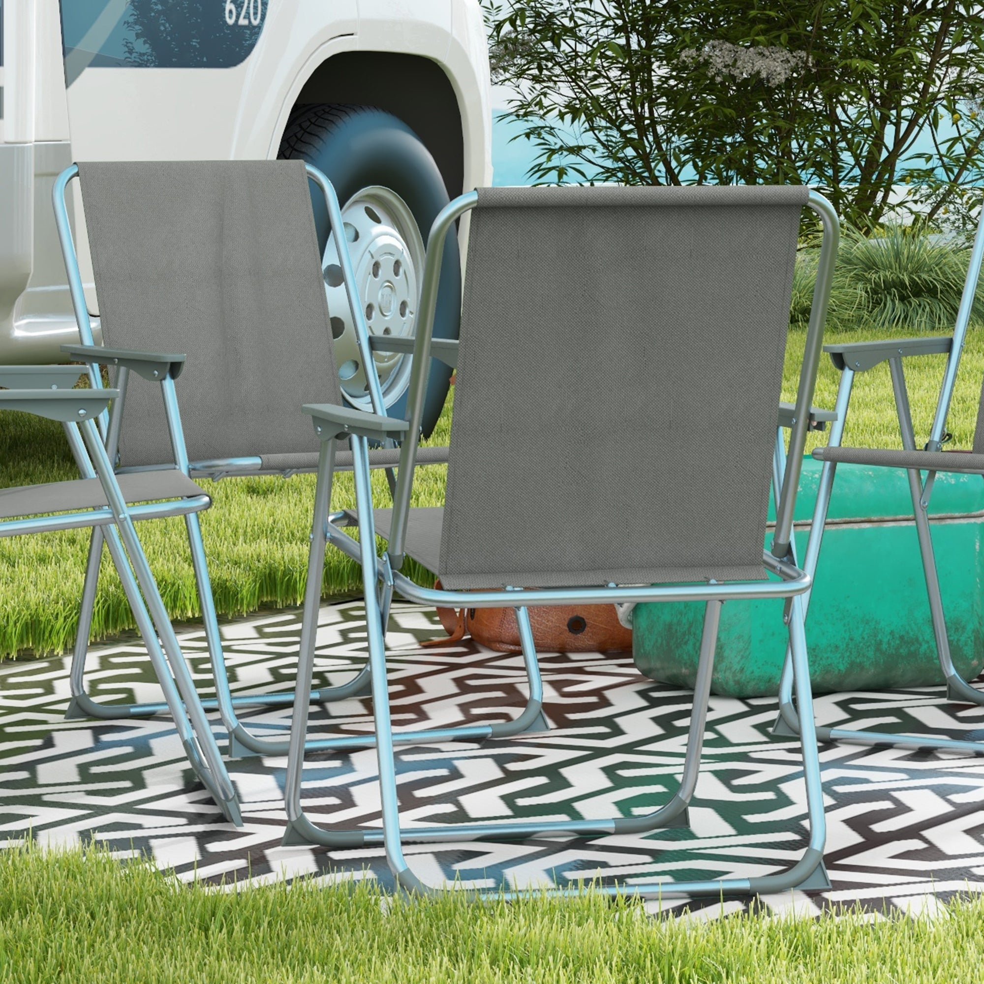 Set of 4 Garden Folding Chairs with Backrest Armrest Foldable Camping Chair 120kg Capacity for Garden Balcony Oxford Gray 53 x 54 x 76 cm