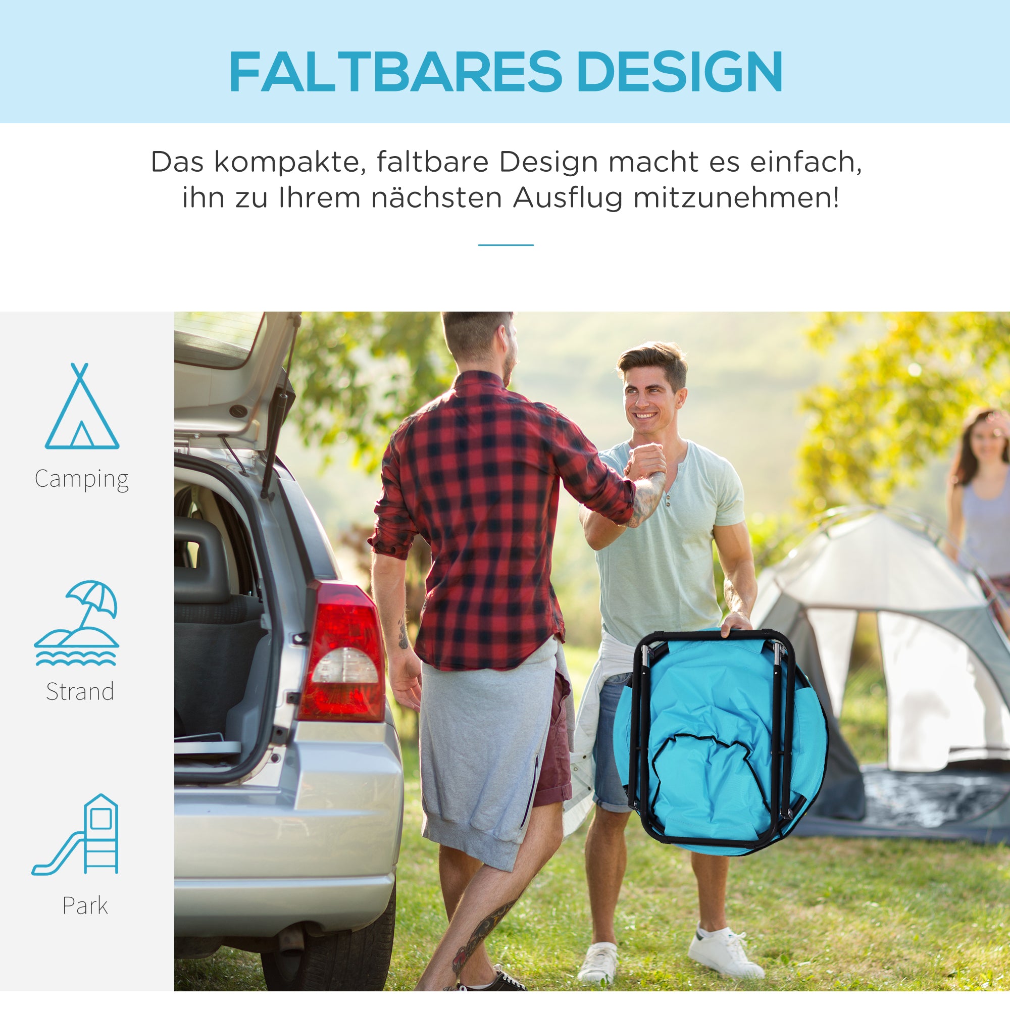 Folding Camping Chair Camp Chair with Backrest, Foldable Chair up to 120kg, Padded Moon Chair Extra Wide, Foldable Outdoor Chair for Garden, Balcony, Camping, Blue