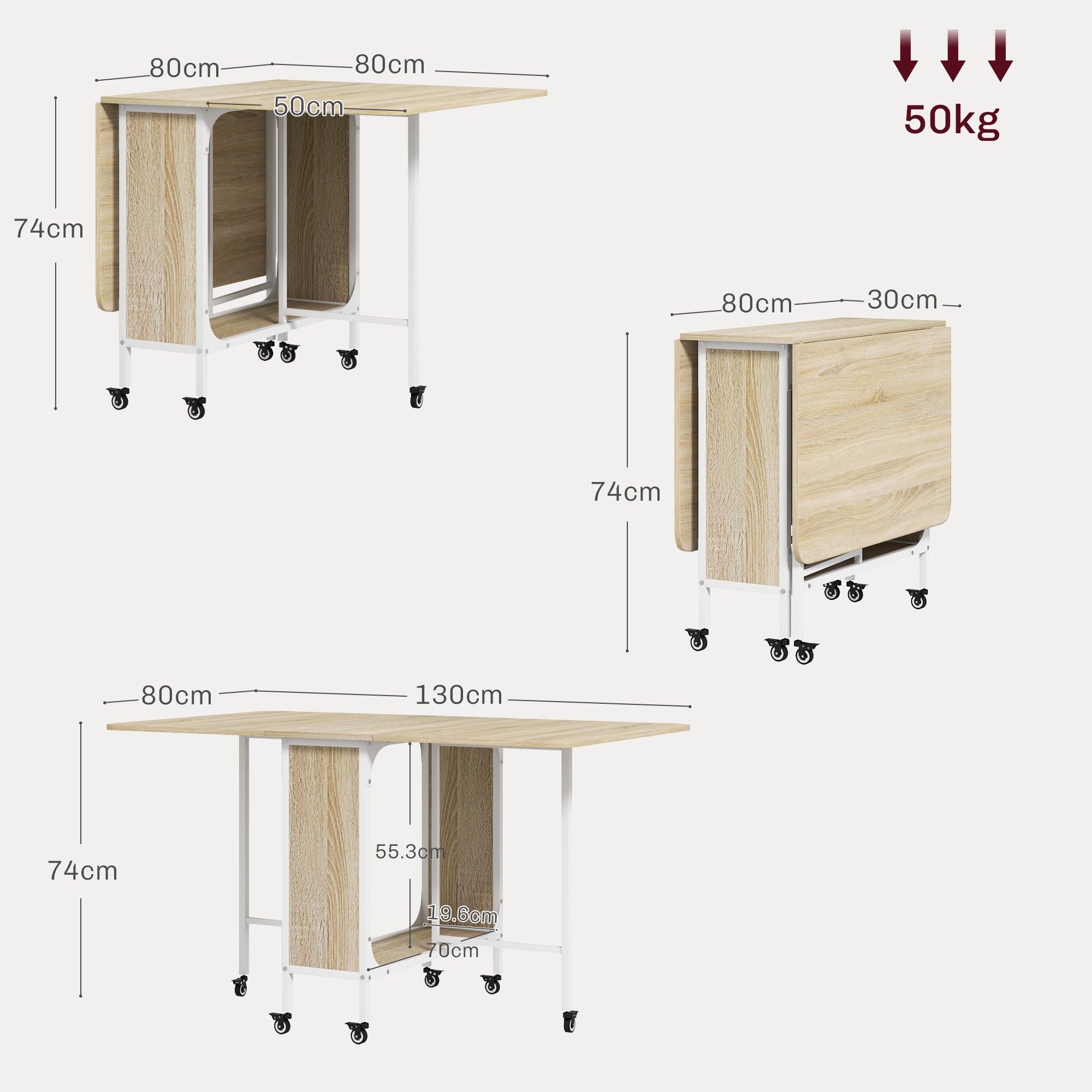 Folding Dining Table, Extendable Table for 4-6 Persons, Space Saving Modern Kitchen Table with Shelf and 6 Wheels, Made of Metal, 130x80x74 cm, Wood Color
