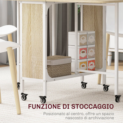 Folding Dining Table, Extendable Table for 4-6 Persons, Space Saving Modern Kitchen Table with Shelf and 6 Wheels, Made of Metal, 130x80x74 cm, Wood Color