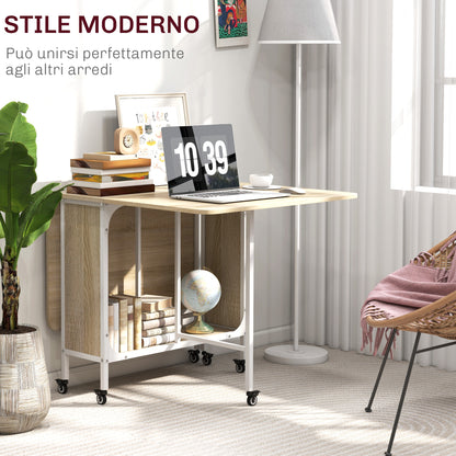 Folding Dining Table, Extendable Table for 4-6 Persons, Space Saving Modern Kitchen Table with Shelf and 6 Wheels, Made of Metal, 130x80x74 cm, Wood Color