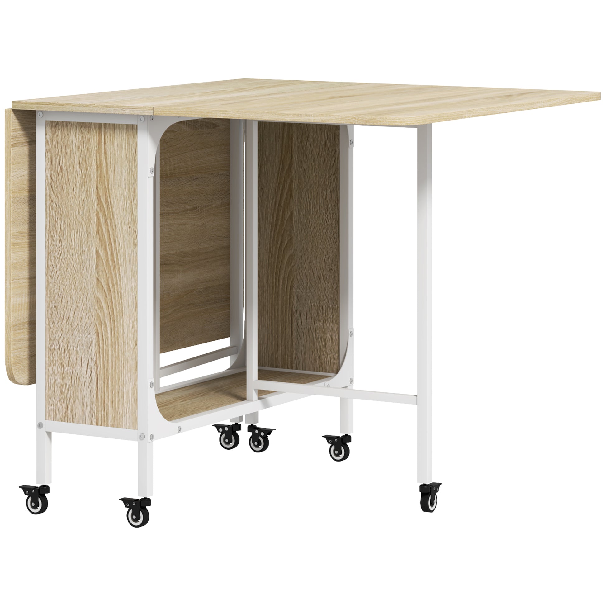 Folding Dining Table, Extendable Table for 4-6 Persons, Space Saving Modern Kitchen Table with Shelf and 6 Wheels, Made of Metal, 130x80x74 cm, Wood Color
