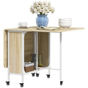 Folding Dining Table, Extendable Table for 4-6 Persons, Space Saving Modern Kitchen Table with Shelf and 6 Wheels, Made of Metal, 130x80x74 cm, Wood Color
