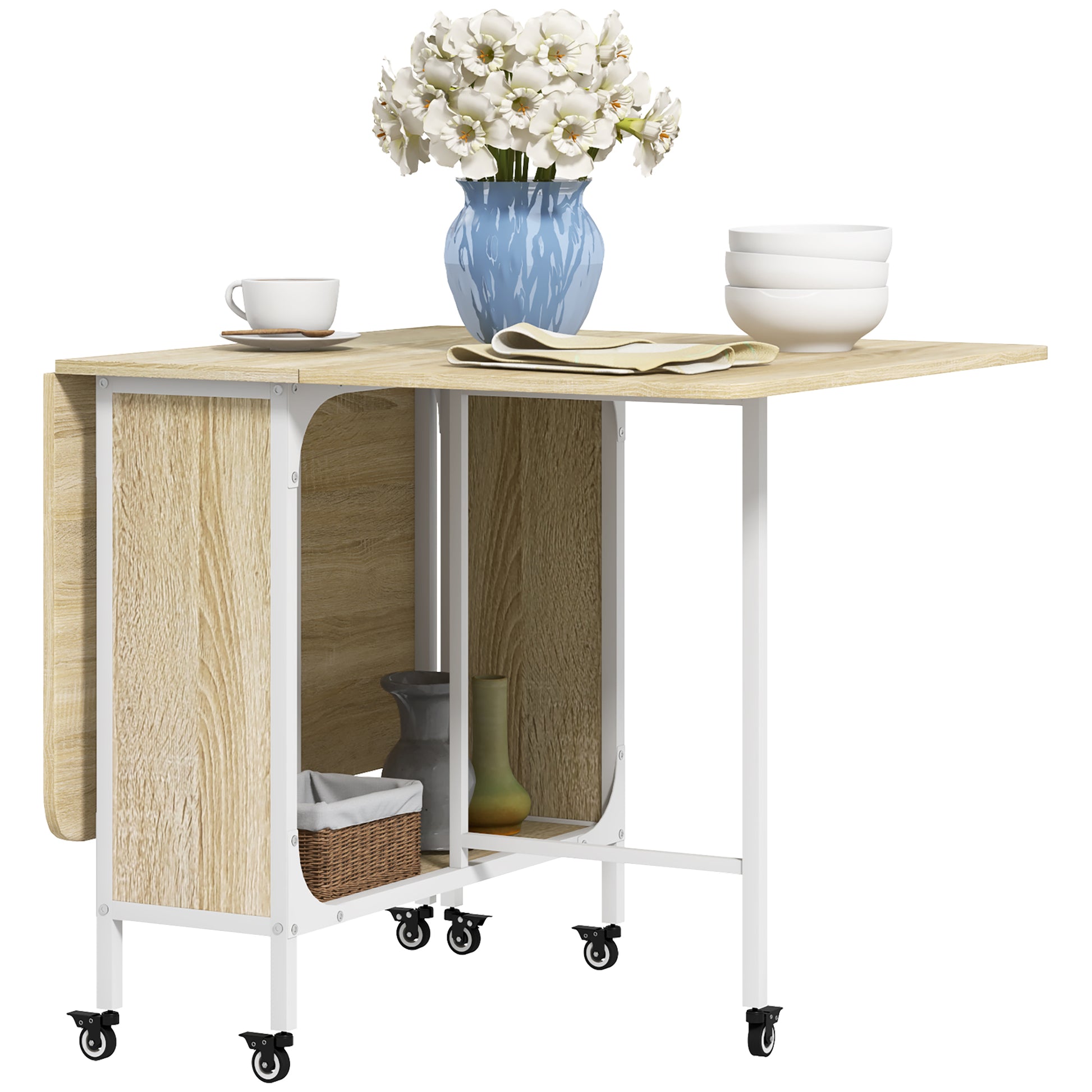 Folding Dining Table, Extendable Table for 4-6 Persons, Space Saving Modern Kitchen Table with Shelf and 6 Wheels, Made of Metal, 130x80x74 cm, Wood Color