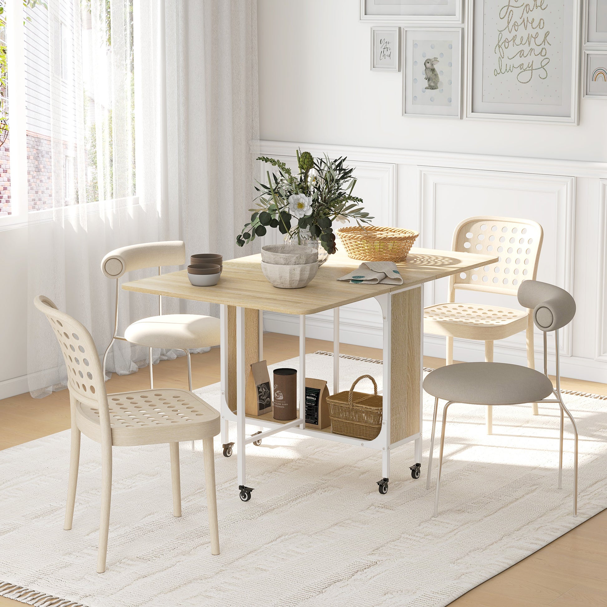 Folding Dining Table, Extendable Table for 4-6 Persons, Space Saving Modern Kitchen Table with Shelf and 6 Wheels, Made of Metal, 130x80x74 cm, Wood Color