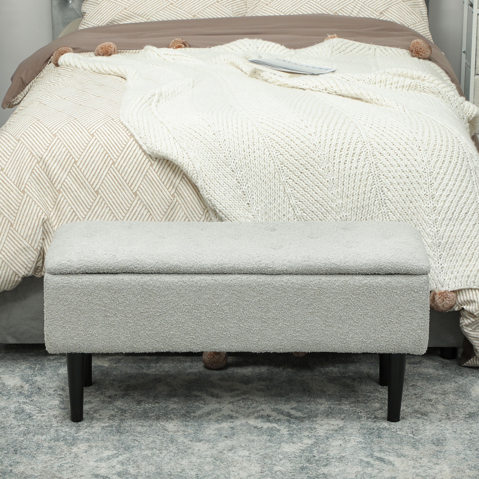 Bench with Storage, Bed Bench, Upholstered Bench with Folding Lid, Velvet Look, Chest Bench, for Living Room, Bedroom, Gray, 95 x 38 x 45 cm