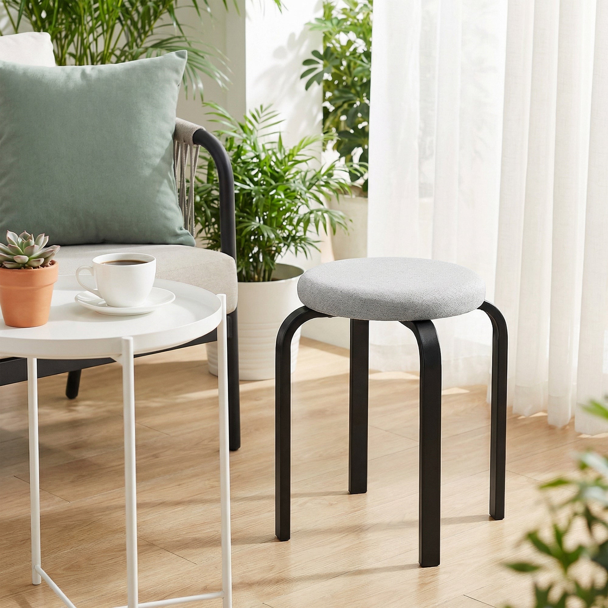 4-Pack Round Dining Stools, Gray Linen-Look Upholstery with Steel Legs – Stackable Kitchen & Living Room Stools