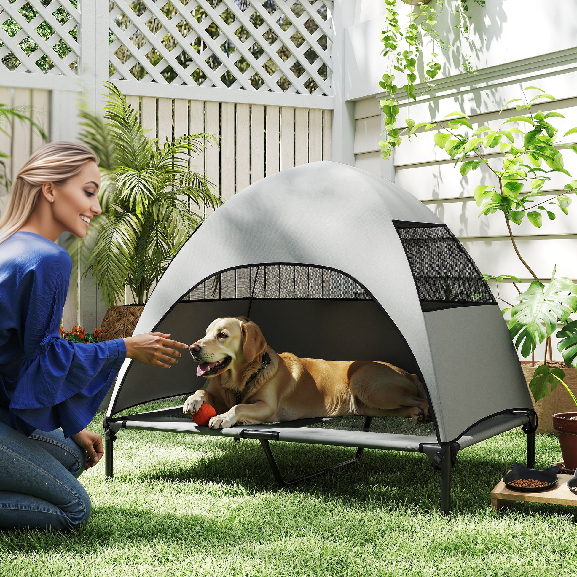 Outdoor Dog Bed with Roof, Elevated Pet Bed for Large Dogs, Cooling Pet Lounger with Washable Mesh Metal Frame Carry Bag, Pet Bed for Outdoor Camping 106x76x99cm, Light Grey