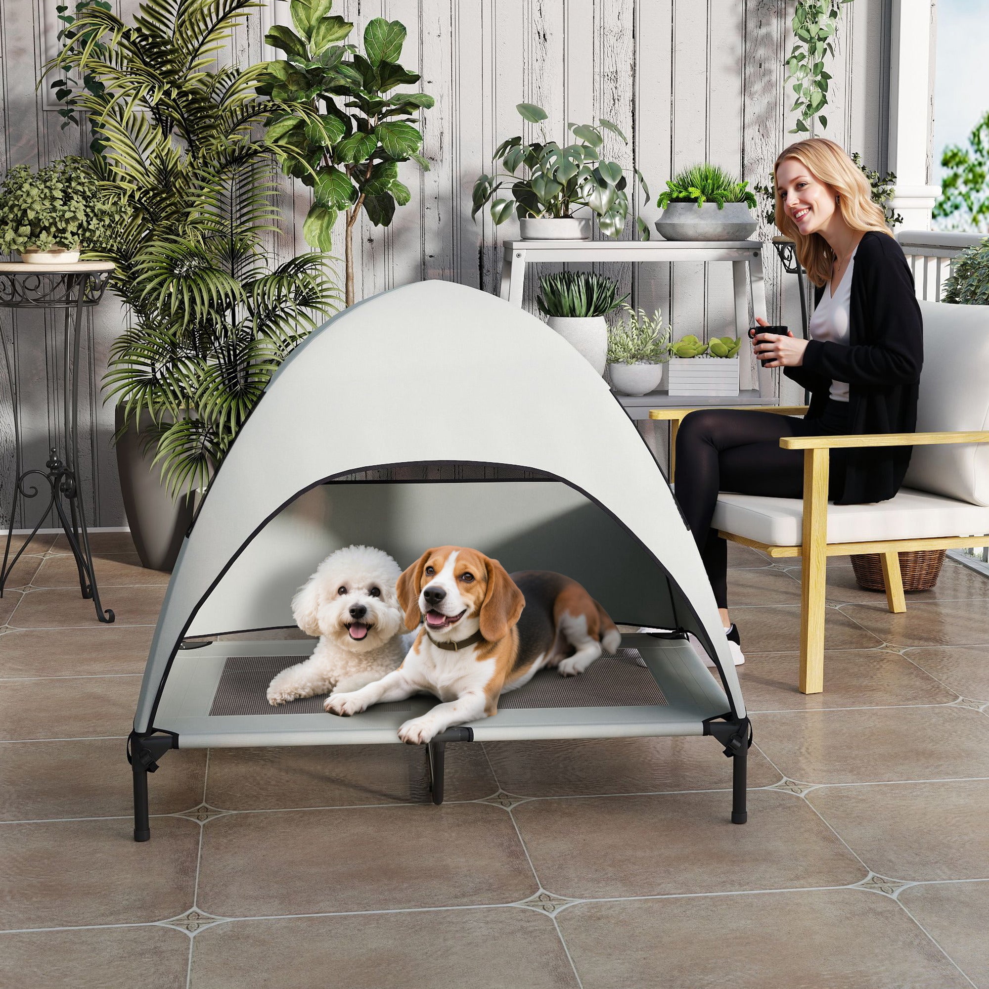 Outdoor Dog Bed with Roof, Elevated Pet Bed for Large Dogs, Cooling Pet Lounger with Washable Mesh Metal Frame Carry Bag, Pet Bed for Outdoor Camping 106x76x99cm, Light Grey