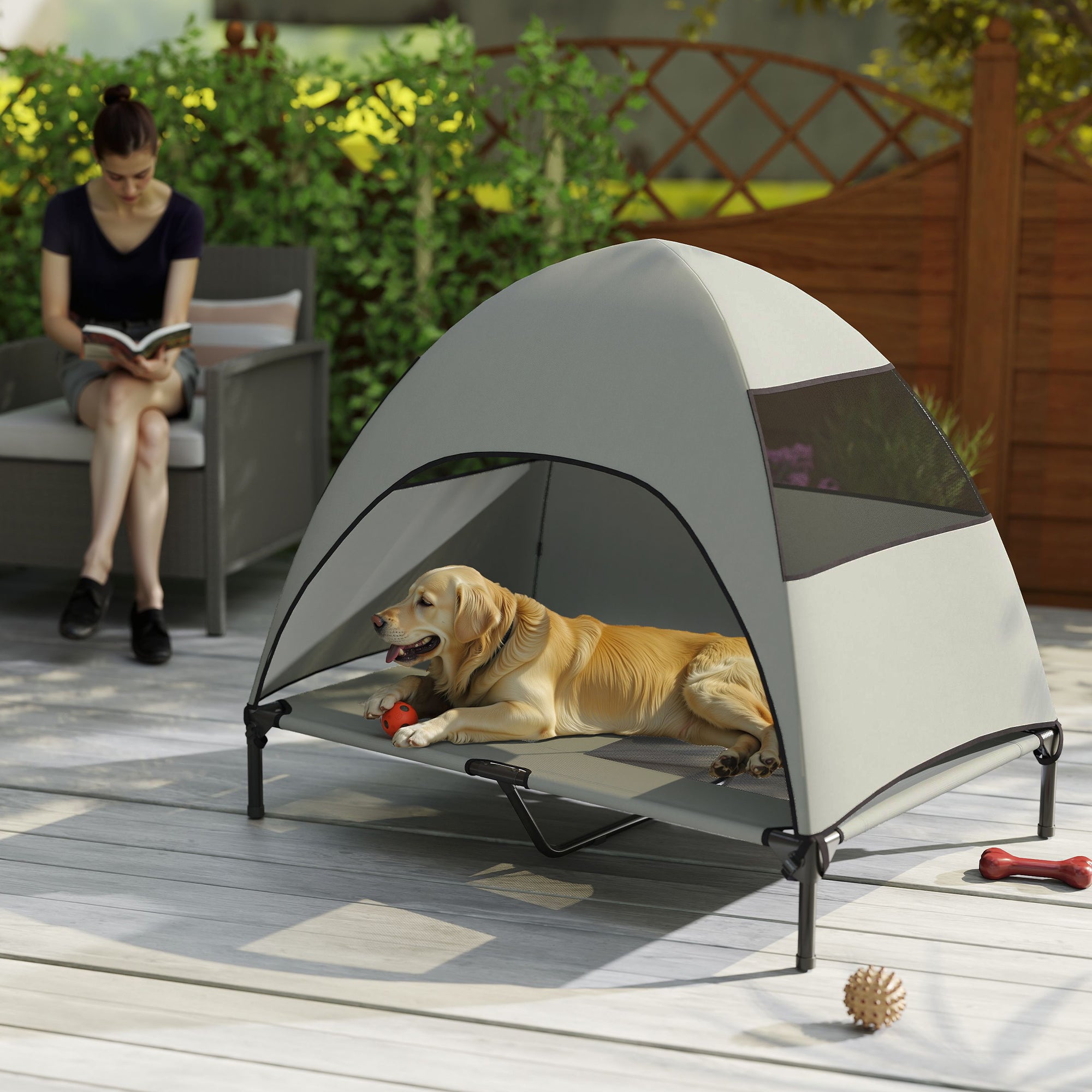 Outdoor Dog Bed with Roof, Elevated Pet Bed for Large Dogs, Cooling Pet Lounger with Washable Mesh Metal Frame Carry Bag, Pet Bed for Outdoor Camping 106x76x99cm, Light Grey
