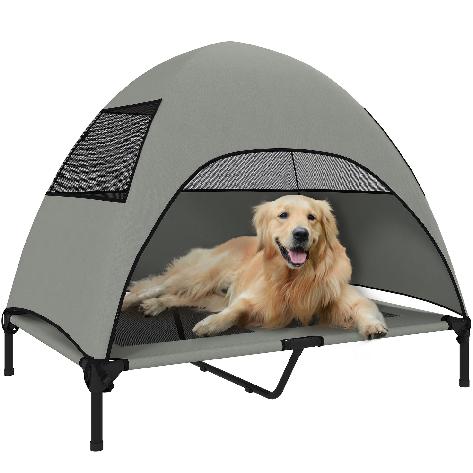 Outdoor Dog Bed with Roof, Elevated Pet Bed for Large Dogs, Cooling Pet Lounger with Washable Mesh Metal Frame Carry Bag, Pet Bed for Outdoor Camping 106x76x99cm, Light Grey