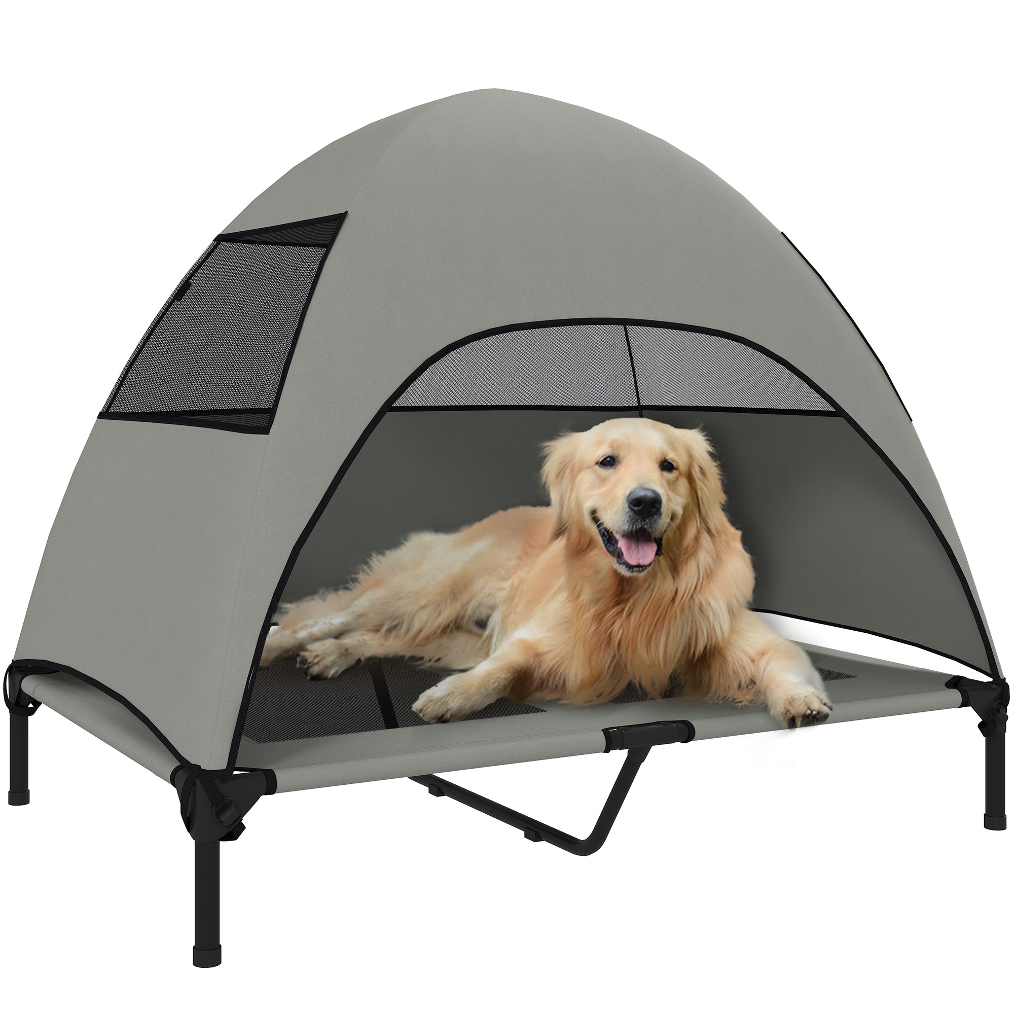Outdoor Dog Bed with Roof, Elevated Pet Bed for Large Dogs, Cooling Pet Lounger with Washable Mesh Metal Frame Carry Bag, Pet Bed for Outdoor Camping 106x76x99cm, Light Grey