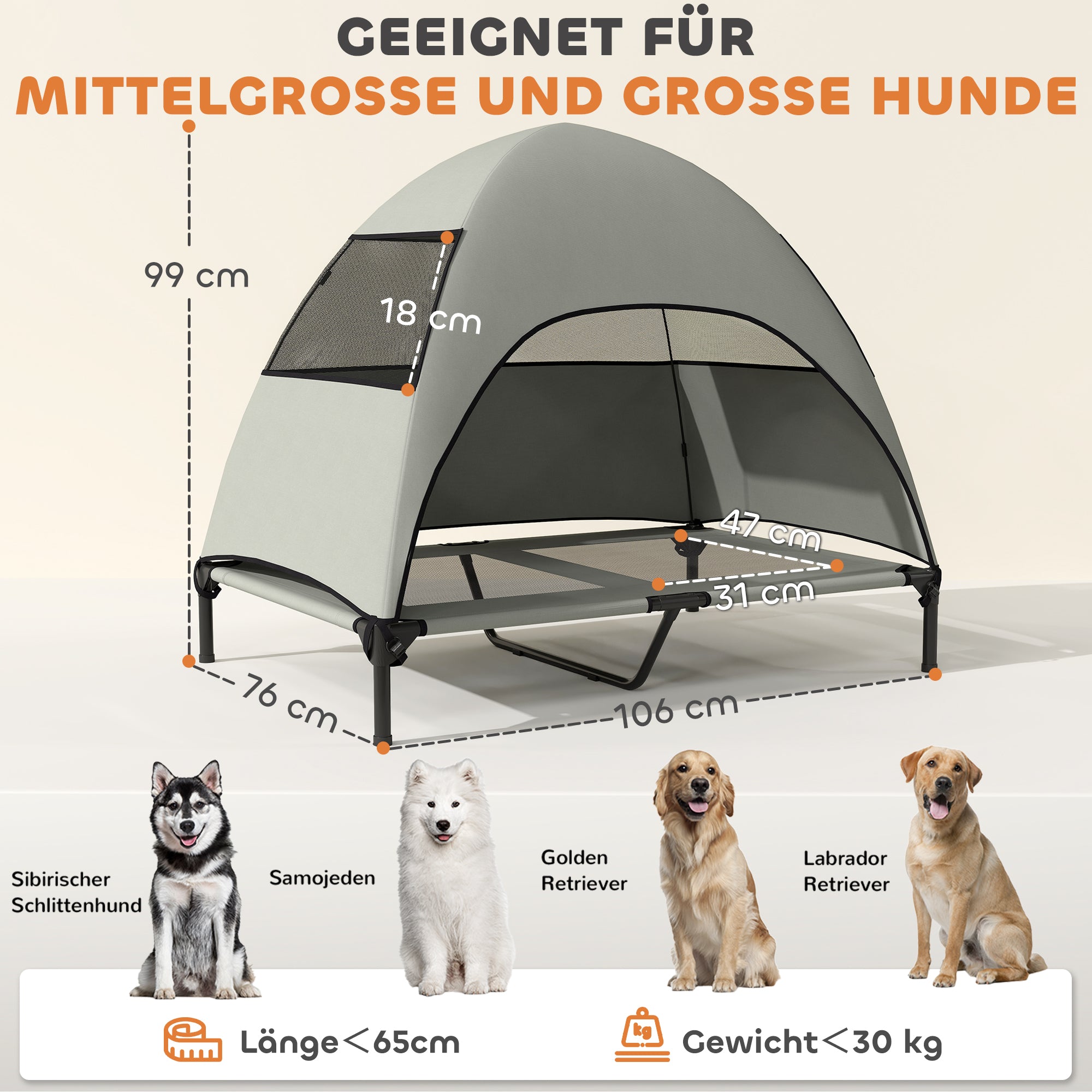 Outdoor Dog Bed with Roof, Elevated Pet Bed for Large Dogs, Cooling Pet Lounger with Washable Mesh Metal Frame Carry Bag, Pet Bed for Outdoor Camping 106x76x99cm, Light Grey