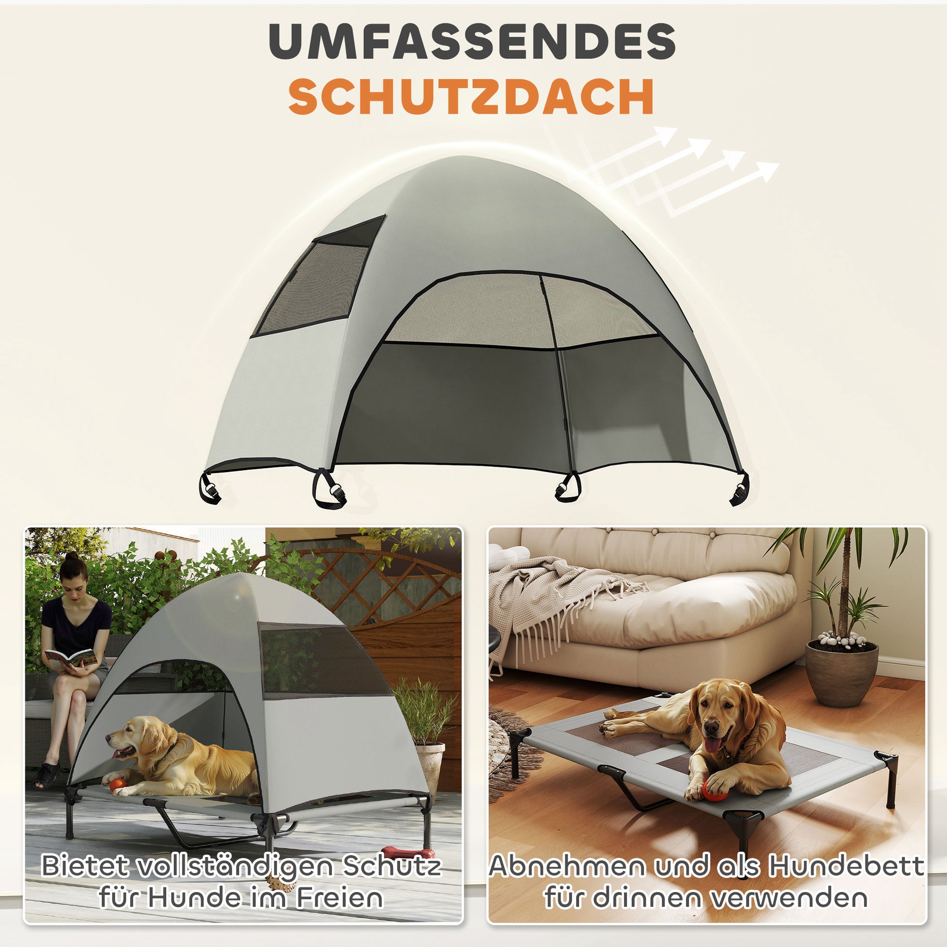 Outdoor Dog Bed with Roof, Elevated Pet Bed for Large Dogs, Cooling Pet Lounger with Washable Mesh Metal Frame Carry Bag, Pet Bed for Outdoor Camping 106x76x99cm, Light Grey