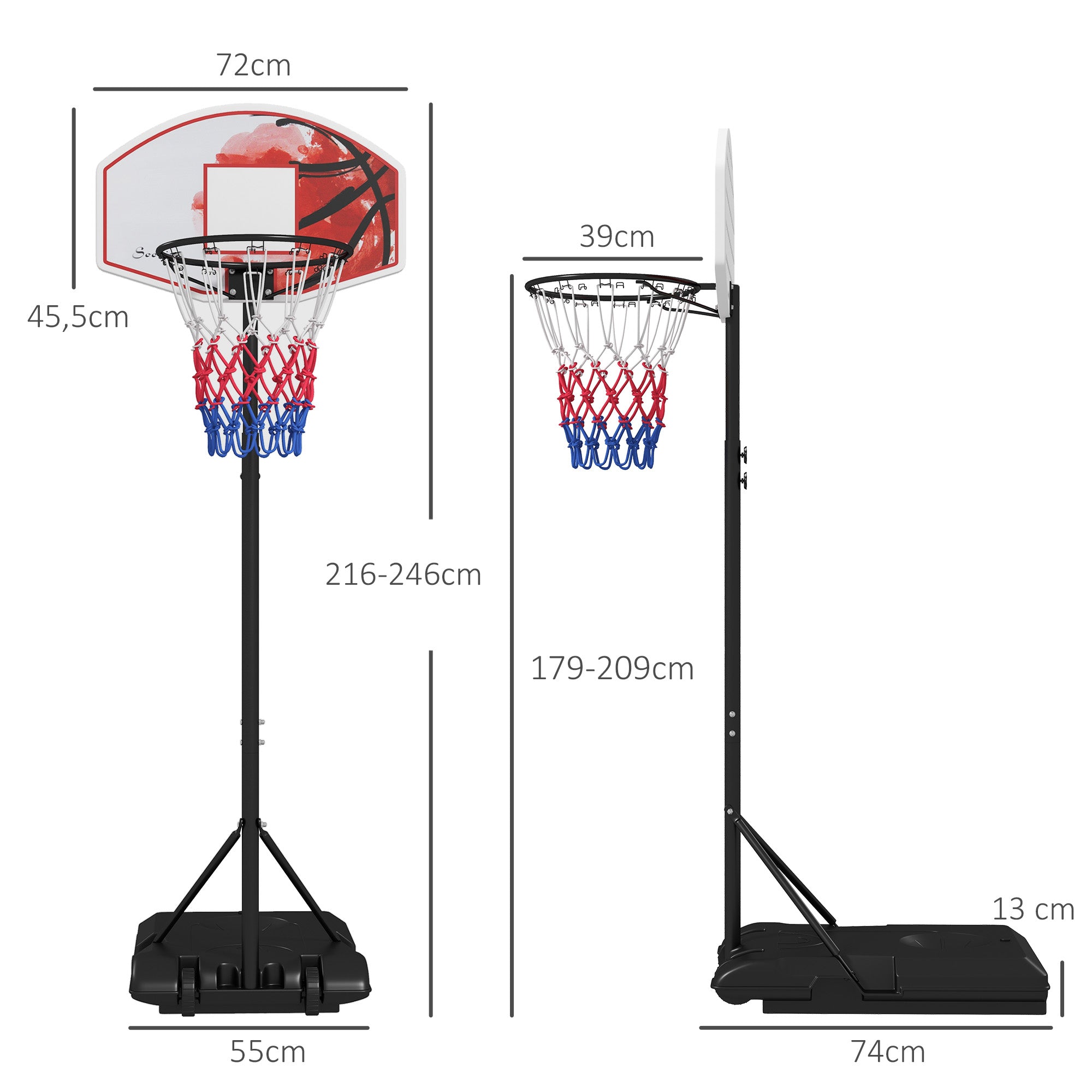 SPORTNOW Basketball Hoop with Stand, 179-209 cm Adjustable Height Basketball Stand with Wheels, Basketball System Base, Outdoor, Steel, Multicolored