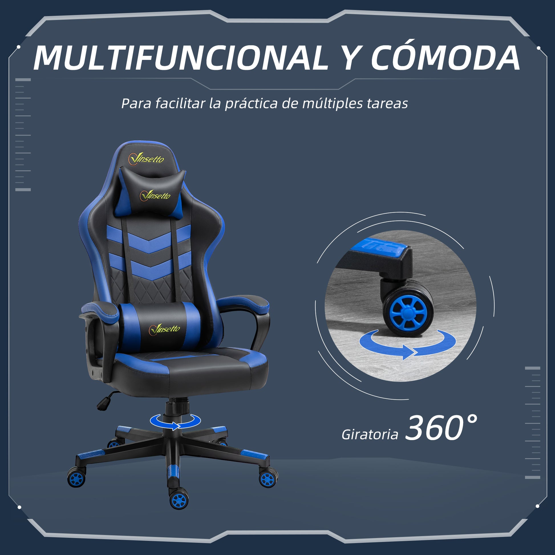 Gaming Chair Swivel Gamer Chair with Adjustable Height Rotating Headrest and Removable Lumbar Support Office Chair Blue