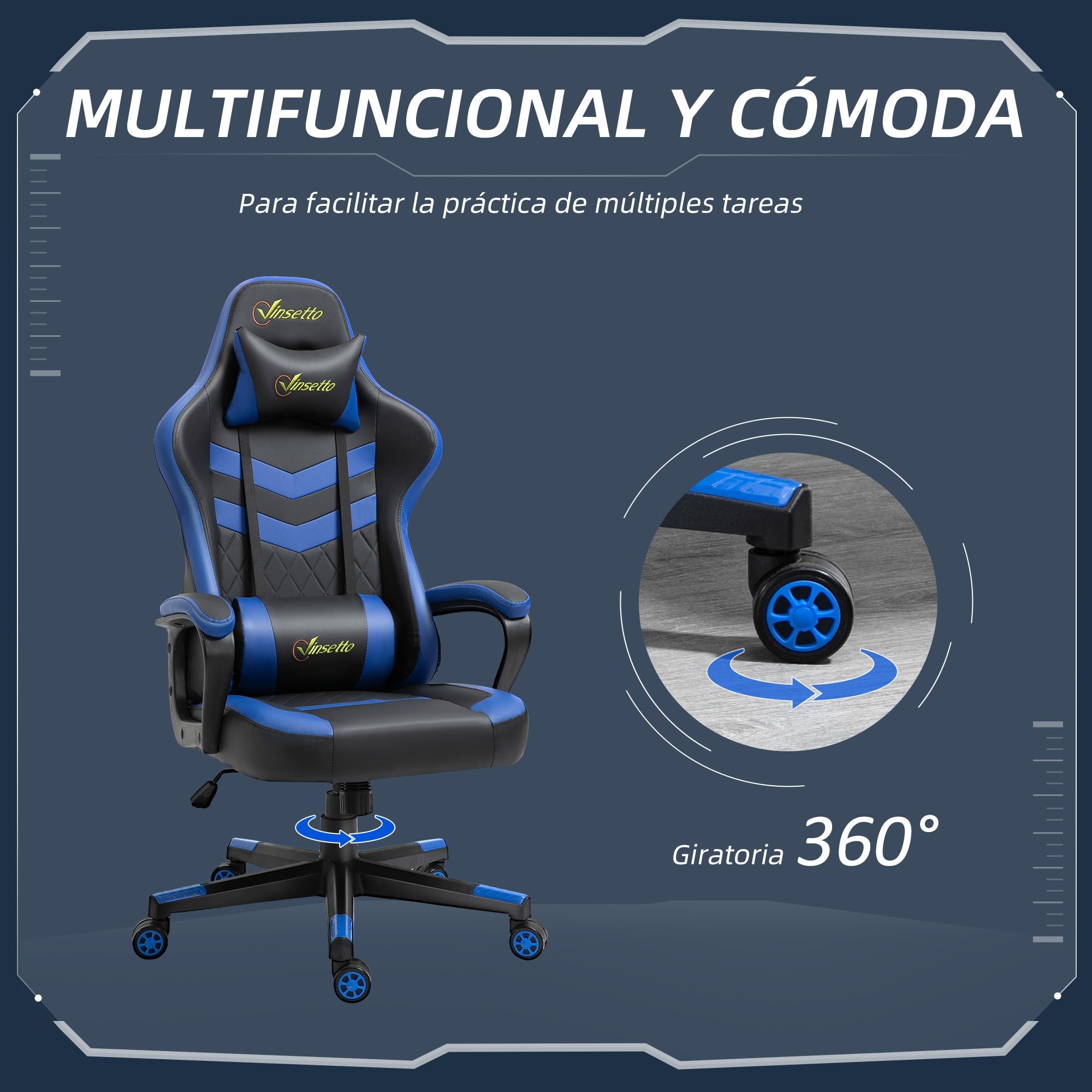 Gaming Chair Swivel Gamer Chair with Adjustable Height Rotating Headrest and Removable Lumbar Support Office Chair Blue