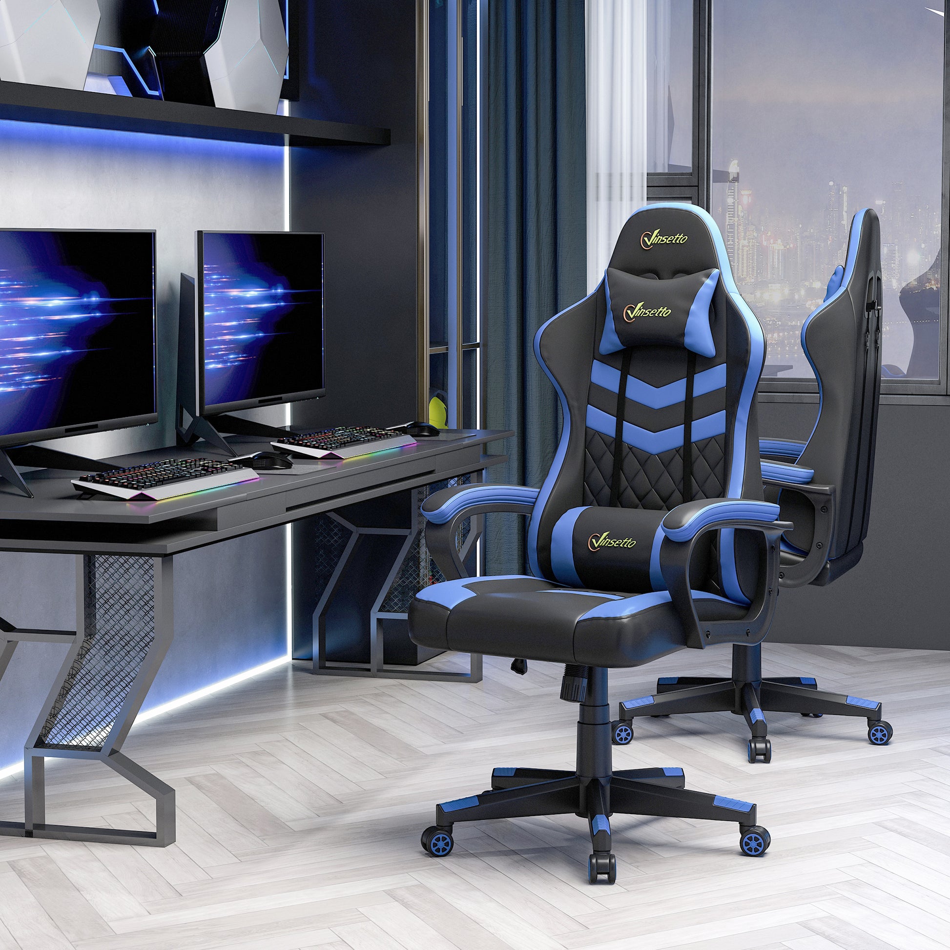 Gaming Chair Swivel Gamer Chair with Adjustable Height Rotating Headrest and Removable Lumbar Support Office Chair Blue