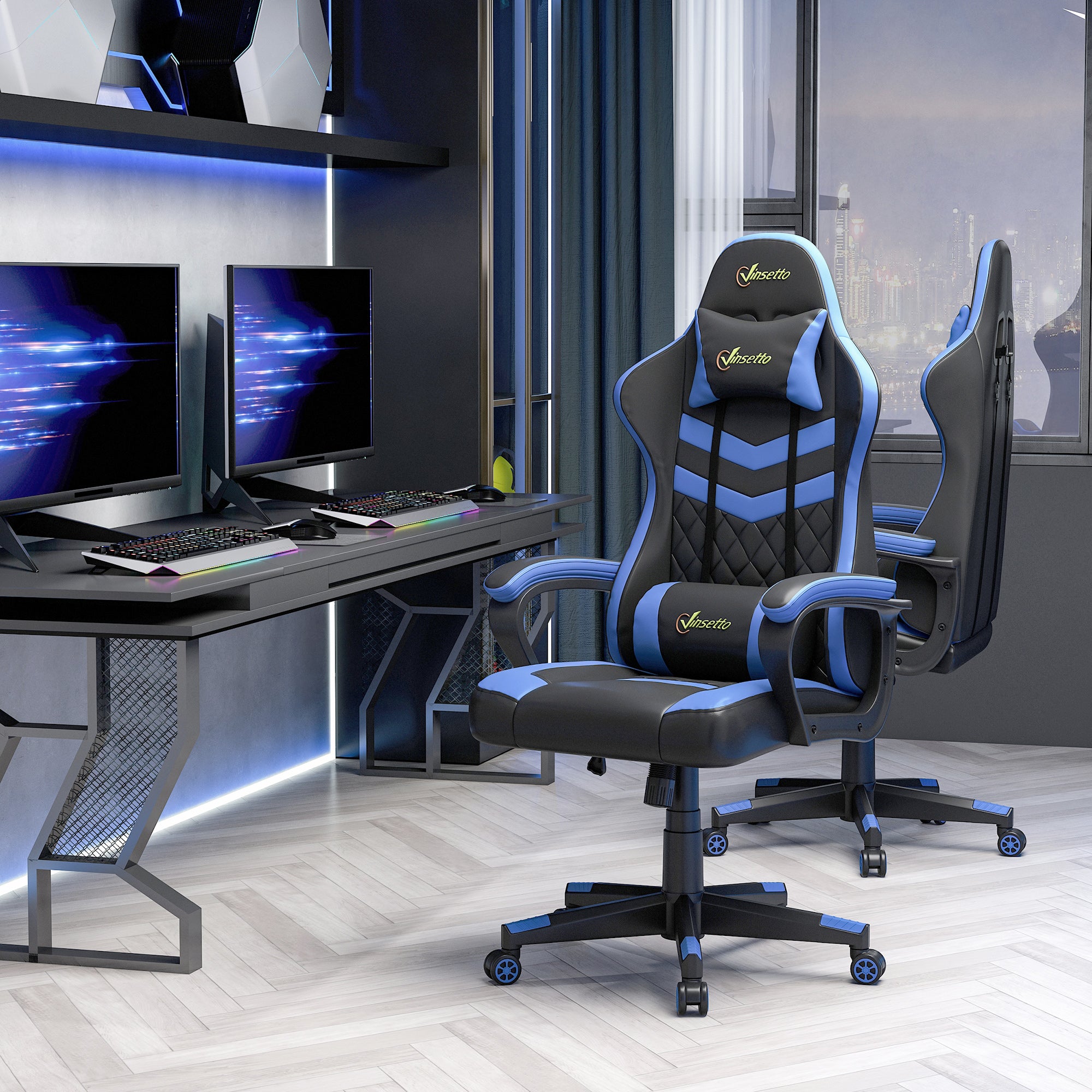 Gaming Chair Swivel Gamer Chair with Adjustable Height Rotating Headrest and Removable Lumbar Support Office Chair Blue