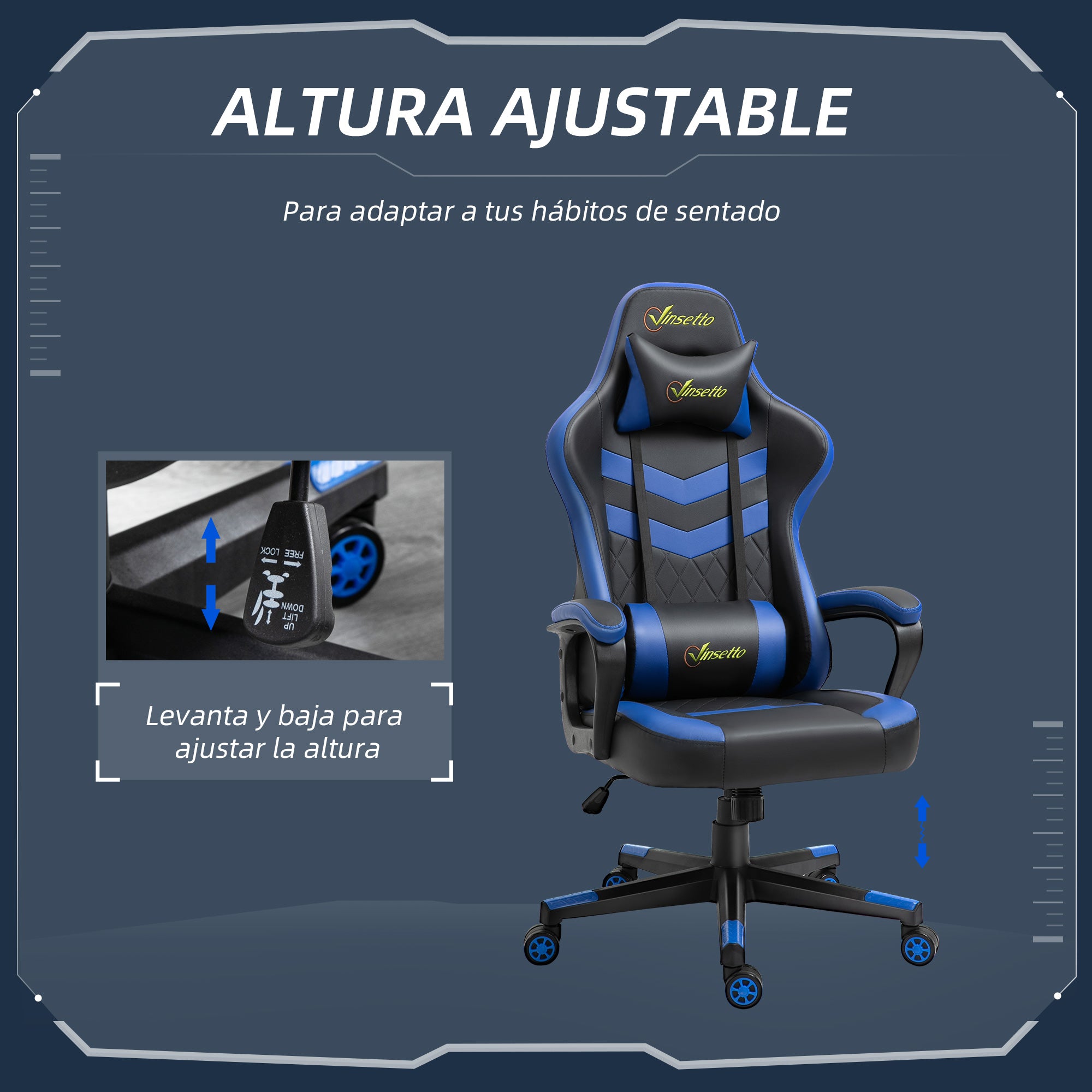 Gaming Chair Swivel Gamer Chair with Adjustable Height Rotating Headrest and Removable Lumbar Support Office Chair Blue