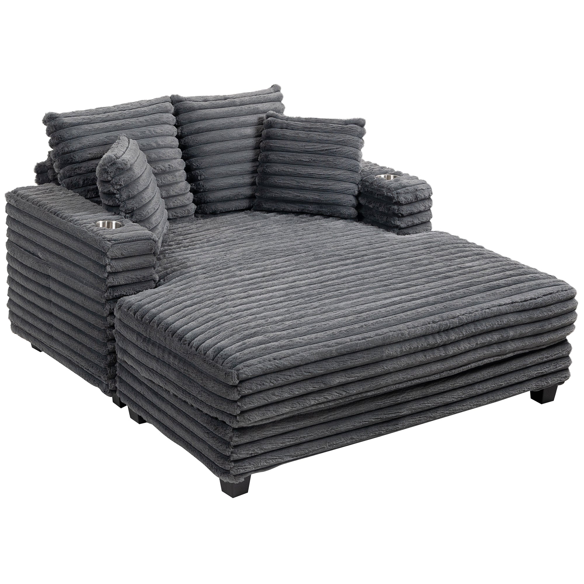 2-Seater Sofa Bed with Chaise, Gray Corduroy, Throw Pillows, Armrests & Cup Holders – 53" x 59"