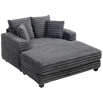 2-Seater Sofa Bed with Chaise, Gray Corduroy, Throw Pillows, Armrests & Cup Holders – 53" x 59"