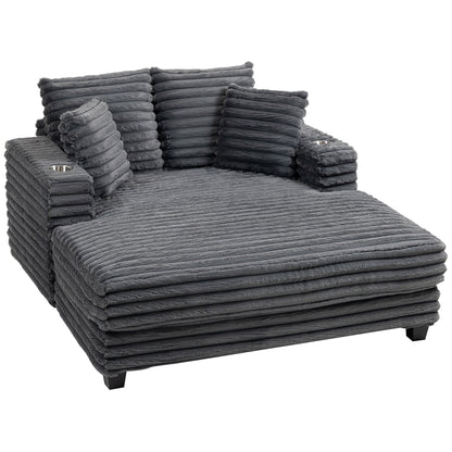 2-Seater Sofa Bed with Chaise, Gray Corduroy, Throw Pillows, Armrests & Cup Holders – 53" x 59"