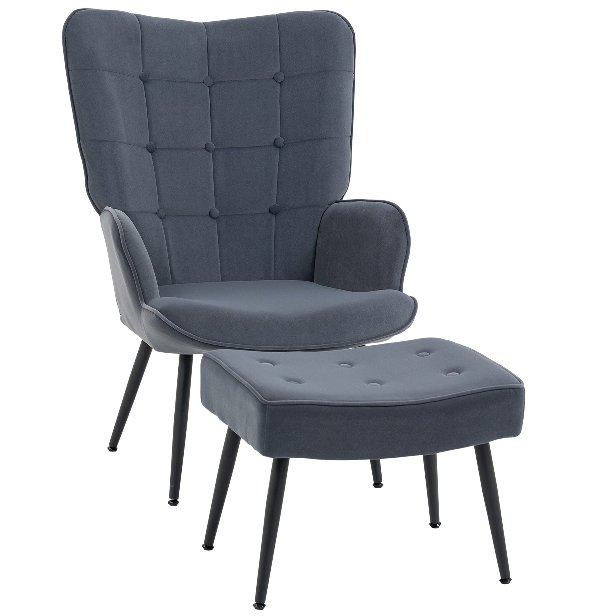 Wingback Chair with Footstool Armchair Lounge Chair with Velvet Look, Modern Recliner Chair, Upholstered Reading Chair for Living Room, Bedroom, Dark Gray