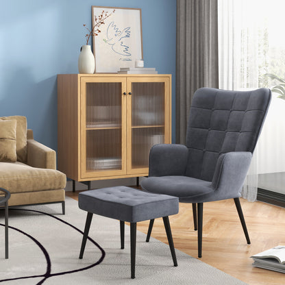 Wingback Chair with Footstool Armchair Lounge Chair with Velvet Look, Modern Recliner Chair, Upholstered Reading Chair for Living Room, Bedroom, Dark Gray