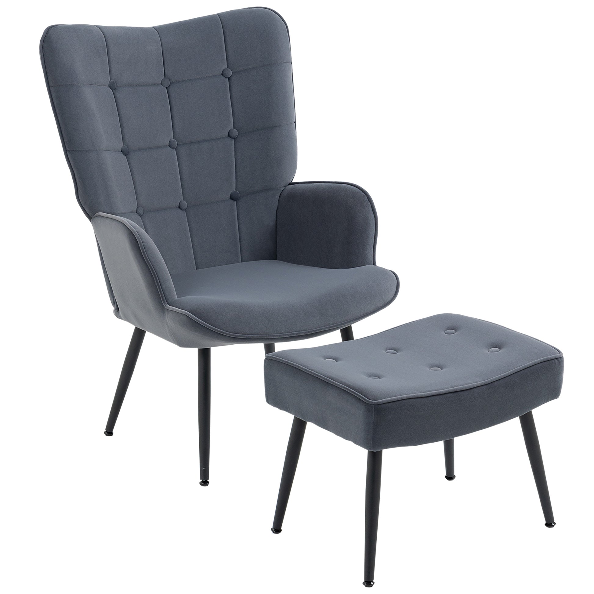 Wingback Chair with Footstool Armchair Lounge Chair with Velvet Look, Modern Recliner Chair, Upholstered Reading Chair for Living Room, Bedroom, Dark Gray