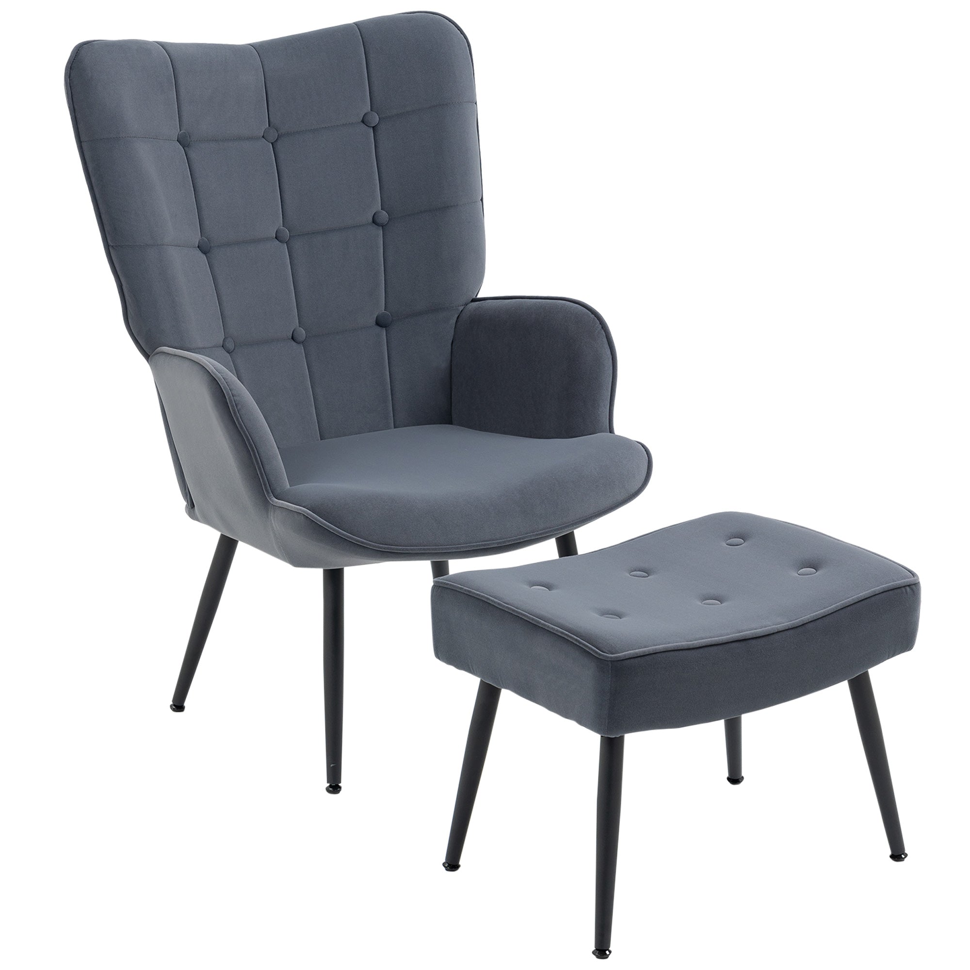 Wingback Chair with Footstool Armchair Lounge Chair with Velvet Look, Modern Recliner Chair, Upholstered Reading Chair for Living Room, Bedroom, Dark Gray