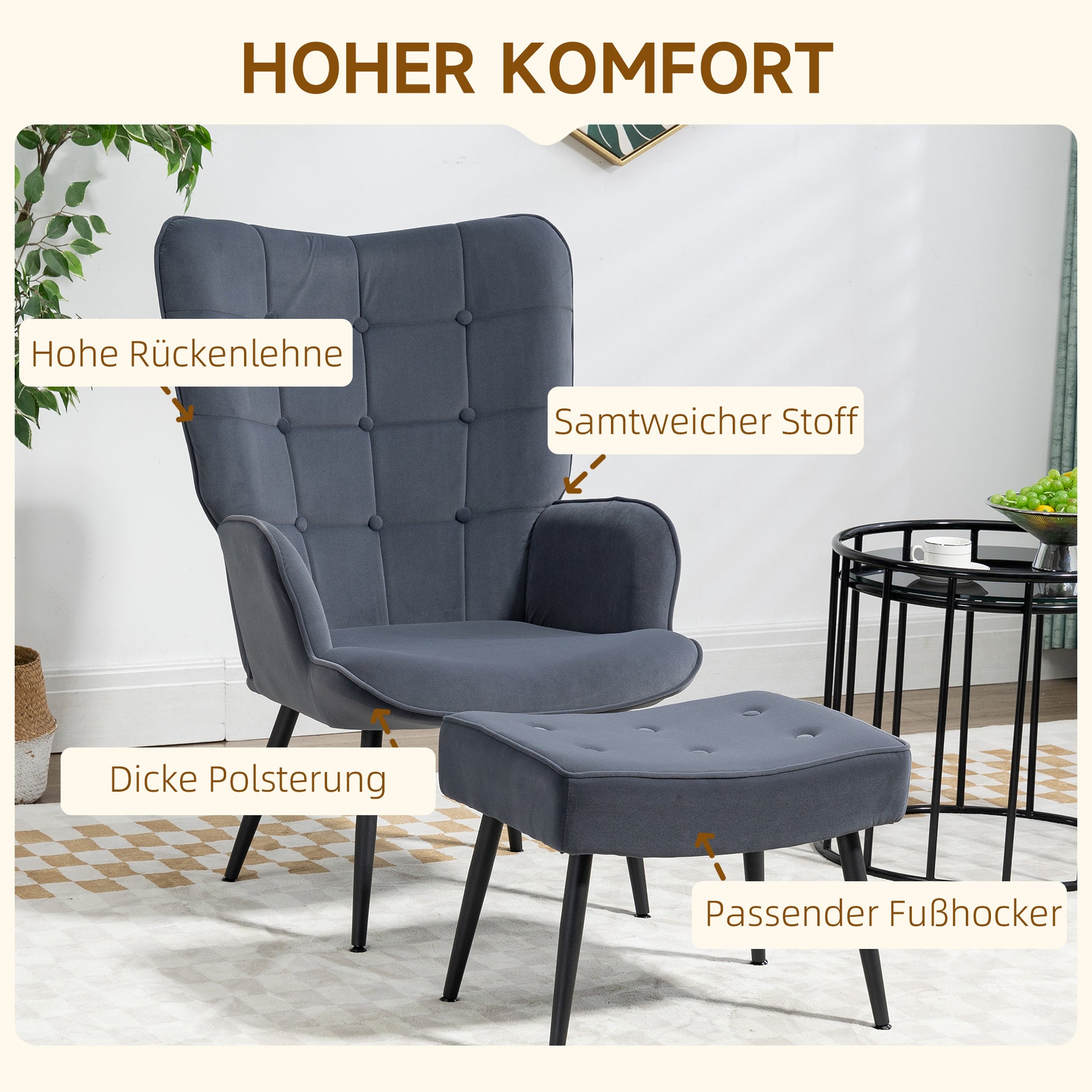 Wingback Chair with Footstool Armchair Lounge Chair with Velvet Look, Modern Recliner Chair, Upholstered Reading Chair for Living Room, Bedroom, Dark Gray