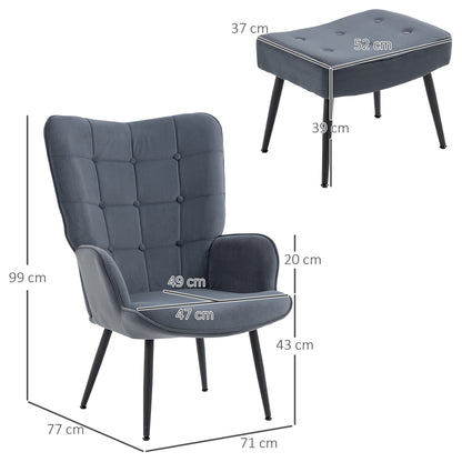 Wingback Chair with Footstool Armchair Lounge Chair with Velvet Look, Modern Recliner Chair, Upholstered Reading Chair for Living Room, Bedroom, Dark Gray