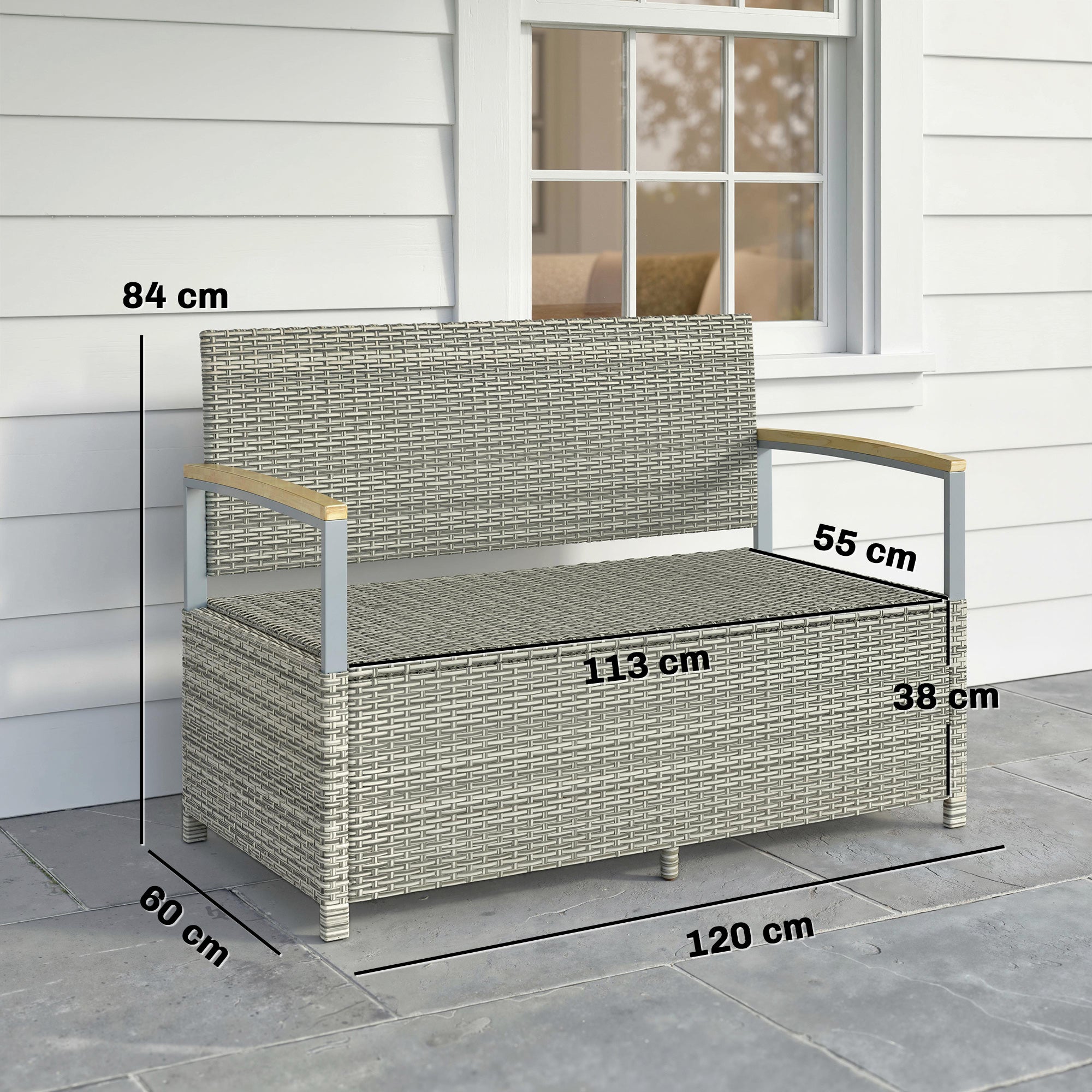 2-Seater Rattan Outdoor Storage Bench, 170 L Trunk, Washable Cushion, Backrest & Acacia Wood Arms, Gas-Assisted Lid — Light Gray