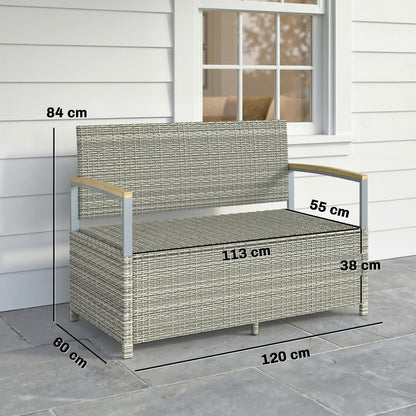 2-Seater Rattan Outdoor Storage Bench, 170 L Trunk, Washable Cushion, Backrest & Acacia Wood Arms, Gas-Assisted Lid — Light Gray