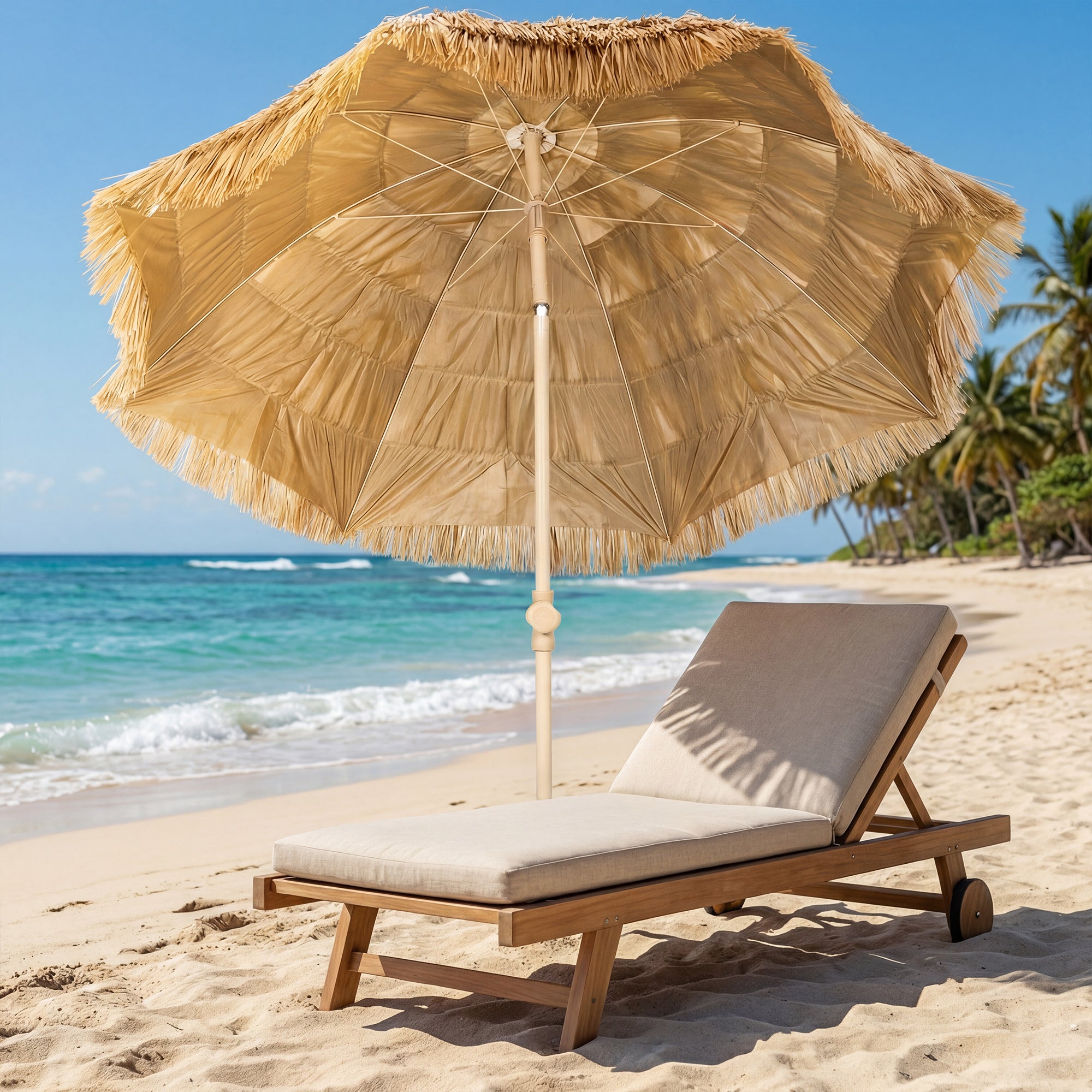 59 in (150 cm) Hula Thatched Tiki Beach & Patio Umbrella with Sand Anchor — Adjustable Height & Tilt, Portable with Carry Bag, Brown