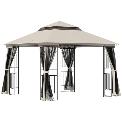 Garden Pavilion with Double Roof Gazebo Garden Tent Marquee Party Tent with 4 x Side Wall Metal+Polyester Beige 2.99 x 2.99 x 2.74 m