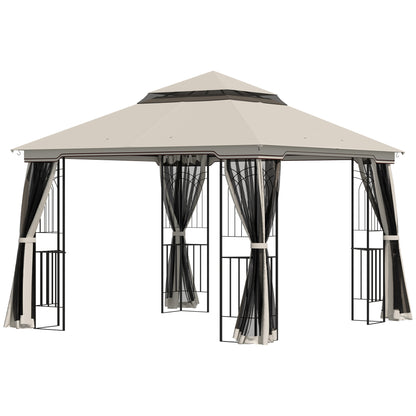 Garden Pavilion with Double Roof Gazebo Garden Tent Marquee Party Tent with 4 x Side Wall Metal+Polyester Beige 2.99 x 2.99 x 2.74 m
