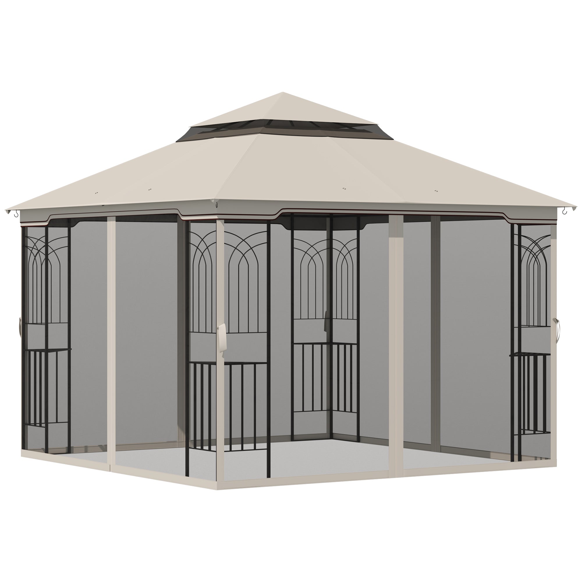 Garden Pavilion with Double Roof Gazebo Garden Tent Marquee Party Tent with 4 x Side Wall Metal+Polyester Beige 2.99 x 2.99 x 2.74 m