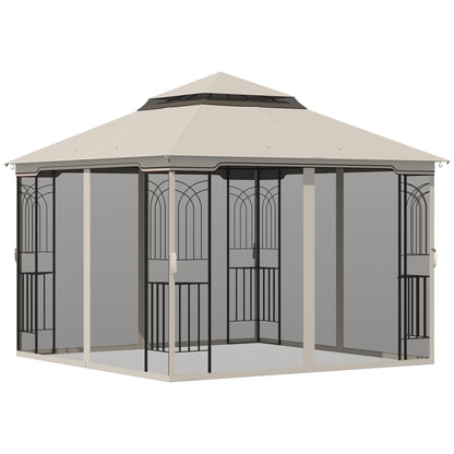 Garden Pavilion with Double Roof Gazebo Garden Tent Marquee Party Tent with 4 x Side Wall Metal+Polyester Beige 2.99 x 2.99 x 2.74 m