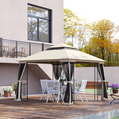 Garden Pavilion with Double Roof Gazebo Garden Tent Marquee Party Tent with 4 x Side Wall Metal+Polyester Beige 2.99 x 2.99 x 2.74 m