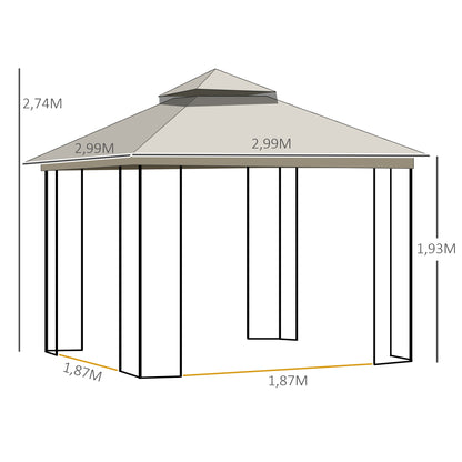 Garden Pavilion with Double Roof Gazebo Garden Tent Marquee Party Tent with 4 x Side Wall Metal+Polyester Beige 2.99 x 2.99 x 2.74 m