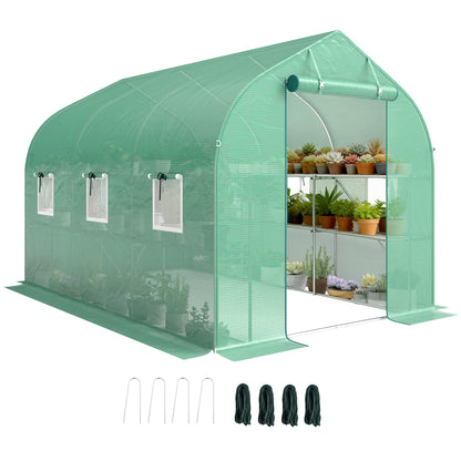 6 m² Tunnel Greenhouse with Shelves, 198 x 293 x 194 cm (78 x 115 x 76 in) — Galvanized Frame, Roll-Up Door, 6 Mesh Windows, 140 g/m² PE Cover — Green